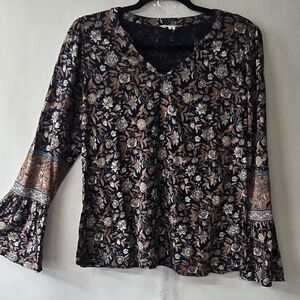 Lucky Brand Navy Floral Bell Sleeve Blouse